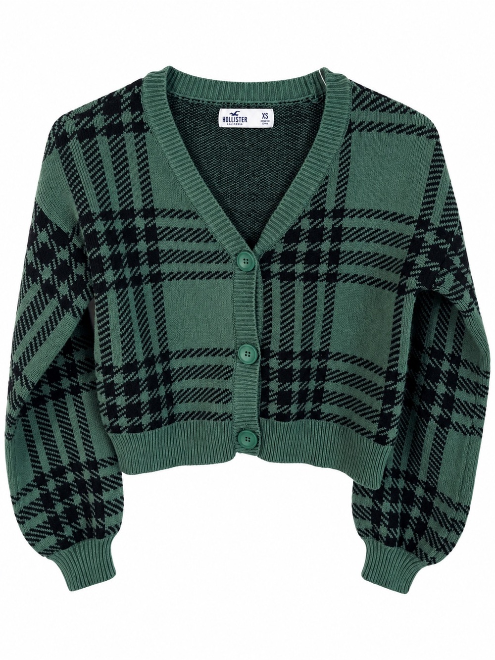 Hollister Green and Black Plaid Cropped Cardigan size xs
